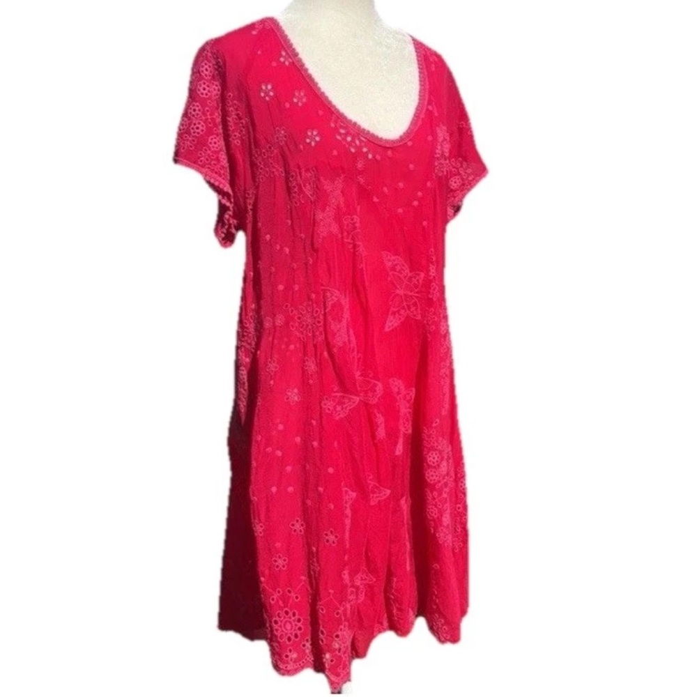 John Was Embroidered Butterfly Fuchsia PinkEyelet Short Sleeve Tunic Top Dress - Picture 3 of 10